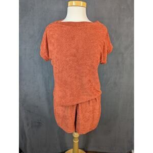 Out Of Focus Shorts Set Womens Small Orange Terry Top Blouse Vintage 70s
